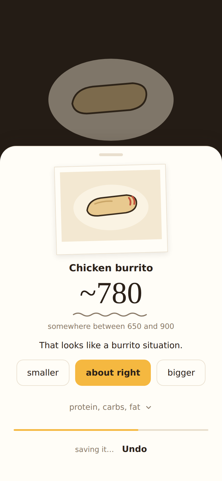 Ballpark's estimate card: a photo of a burrito, roughly 780 calories, somewhere between 650 and 900, with the caption 'That looks like a burrito situation.'